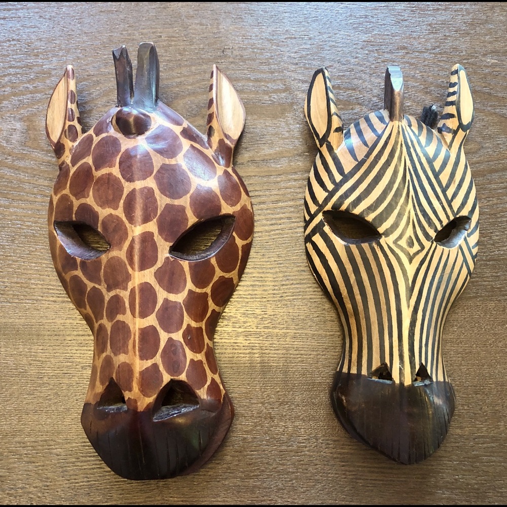 Giraffe & Zebra carved wall animal Safari masks